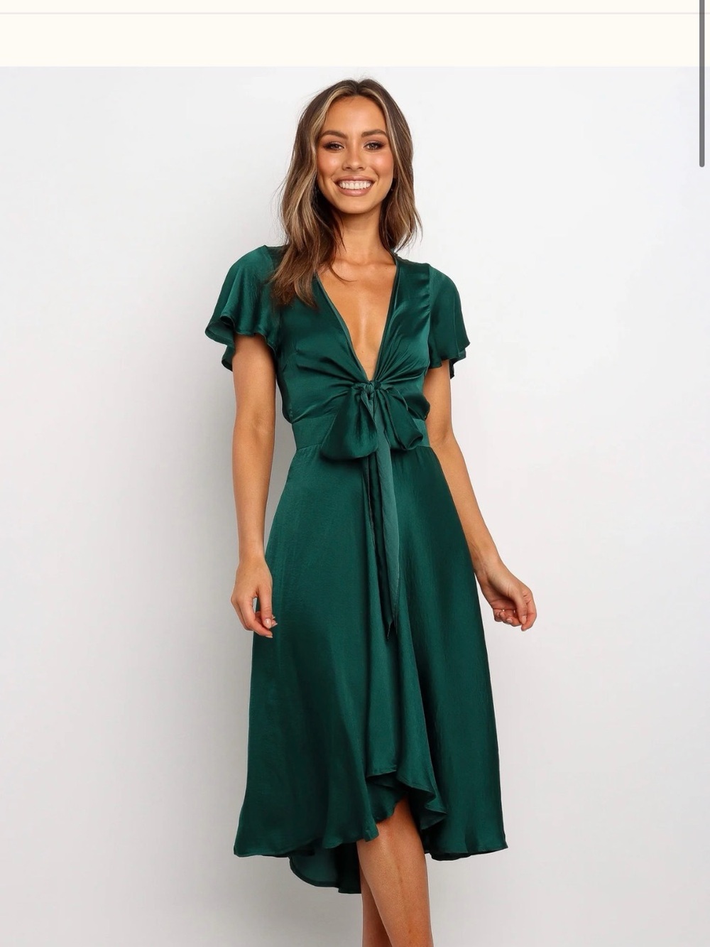 Deep Green Tie-Front Midi Dress